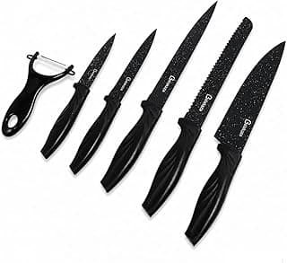 Kit de facas de cozinha pretas com descascador, seis peças, cabo ergonômico, lâminas detalhadas, fundo branco