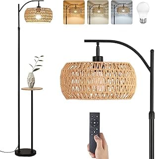 Luminária de chão Boho com prateleira de madeira – Lâmpada inteligente regulável de 9 W incluída, luminária de chão de controle remoto com mesa, abajur alto de vime para sala de estar, quarto