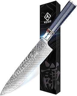 Faca de chef japonesa WEKIT, cabo azul e prata, lâmina VG10 de 67 camadas, padrão damasco