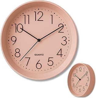 Relógio de Parede Silencioso Decorativo Minimalista Moderno Cozinha Quarto Sala Escritório Ponteiro Segundos Contínuo Números em Alto Relevo Lente de Vidro e Corpo em ABS (Rosa Pastel)