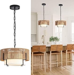 Luminária pendente de vime de 32 cm, lustre boho com sombra de tecido, luminária de teto suspensa em vime de fazenda para sala de jantar, sala de estar, ilha de cozinha, quarto, corredor, hall de