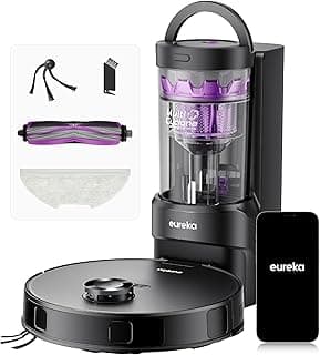 Eureka E20 Evo Plus Robot Vacuum and Mop combo preto com detalhes púrpura, fundo branco, acessórios e smartphone
