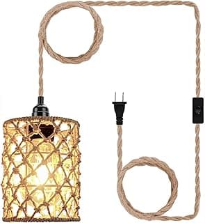 Luminária suspensa Boho Plug in Pendente com Cabo Liga-desliga, Abajur Cilindro Rattan Luminária Pendurada para Quarto, Sala de Estar, Prateleiras de Plantas, Cozinha