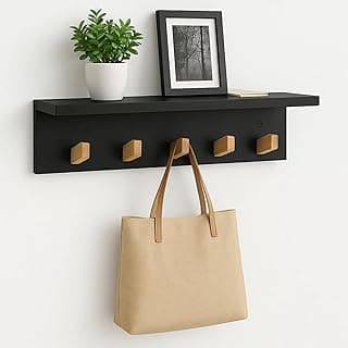 Cabideiro de Parede com Prateleira e 5 Ganchos em Madeira Organizador Multiuso para Entrada Quarto Sala Suporte para Bolsas Chaves Casacos Decoração Moderna Funcional