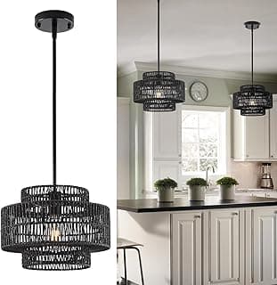 Luminária Pendente Estilo Rústico De Vime Preto Boho De 12,4", 1 Luminária, Estilo Fazenda, Para Cozinha, Quarto, Sala De Jantar, Sala De Estar, Hall De Entrada, Hall De Entrada
