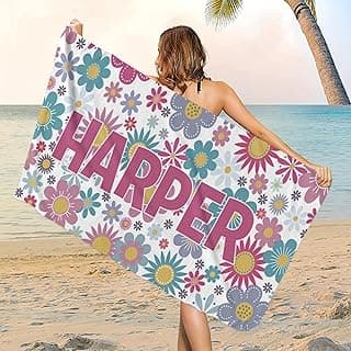 Toalha de praia personalizada com nome 'HARPER', padrão floral multicolorido, 150 x 70 cm