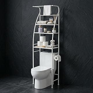 Estante rack de banheiro branco com três prateleiras sobre vaso sanitário, ideal para armazenamento de itens de higiene.