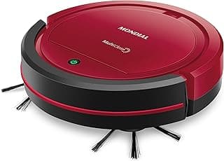 Robô aspirador Mondial MultiClean vermelho e preto, ângulo frontal, detalhes visíveis.