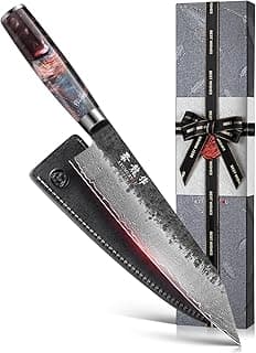 Faca de chef japonesa Kiritsuke de 21 cm com núcleo VG10, lâmina de damasco de 67 camadas, cabo ergonômico e bainha de couro, com caixa de presente elegante.