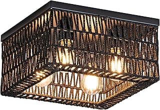 Rpzloila Luminária De Teto Em Rattan Preto, Estilo Boho, Com 4 Lâmpadas, Luminária De Teto Quadrada Embutida Para Quarto, Corredor, Hall De Entrada, Cozinha E Sala De Estar.