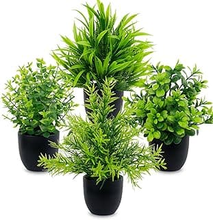 Pacote com 4 plantas falsas pequenas em vasos pretos para decoração