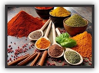 Quadro decorativo de cozinha com condimentos e especiarias em colheres e potes