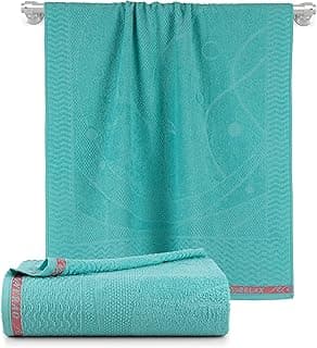 Toalha de banho azul turquesa com padrão de ondas e bordas vermelhas